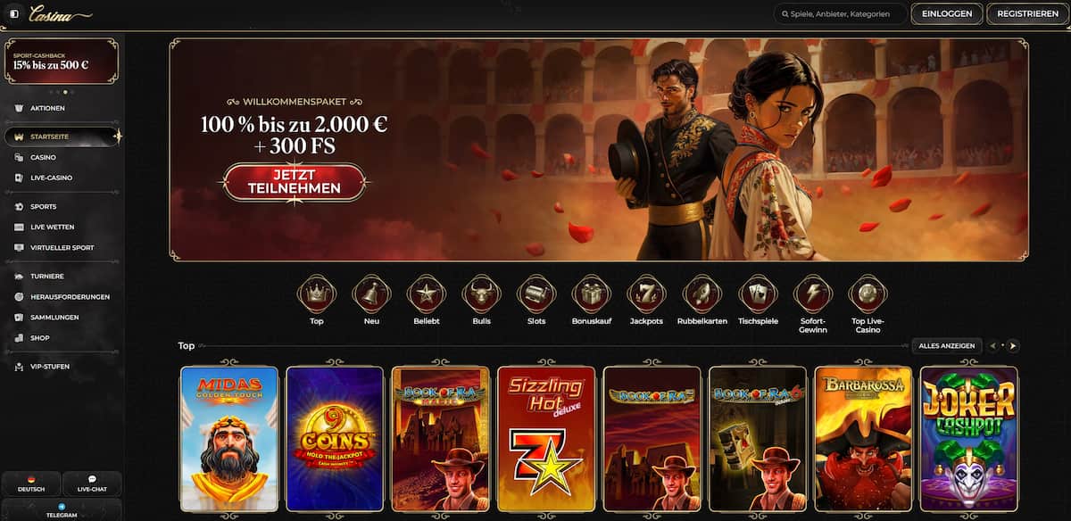 Casina ist ein neues Casino ohne Verifizierungspflicht und bietet ein umfangreiches Willkommenspaket (bis zu 2.000 € + Freispiele). Die Spielauswahl ist stark, besonders bei Slots von Top-Entwicklern. Ein VIP-Club mit steigenden Auszahlungslimits gehört ebenfalls dazu. Einzige Schwäche: niedrige Auszahlungslimits zu Beginn.