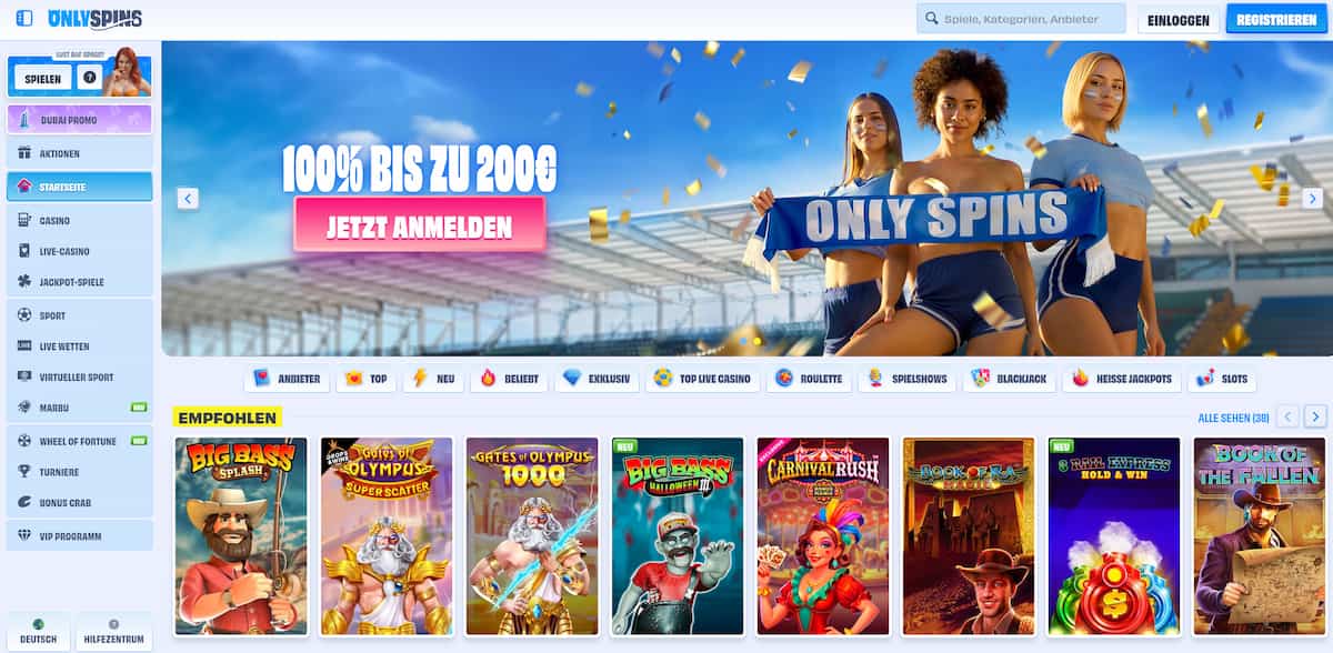 OnlySpins richtet sich an Slot-Fans und erlaubt das Spielen vieler Slots ohne Anmeldung. Das Willkommensangebot umfasst 500 € Bonus + 200 Freispiele. VIP-Stufen mit Belohnungen sind inklusive, aber manchmal gibt es Auszahlungslimits bis zur Verifizierung.